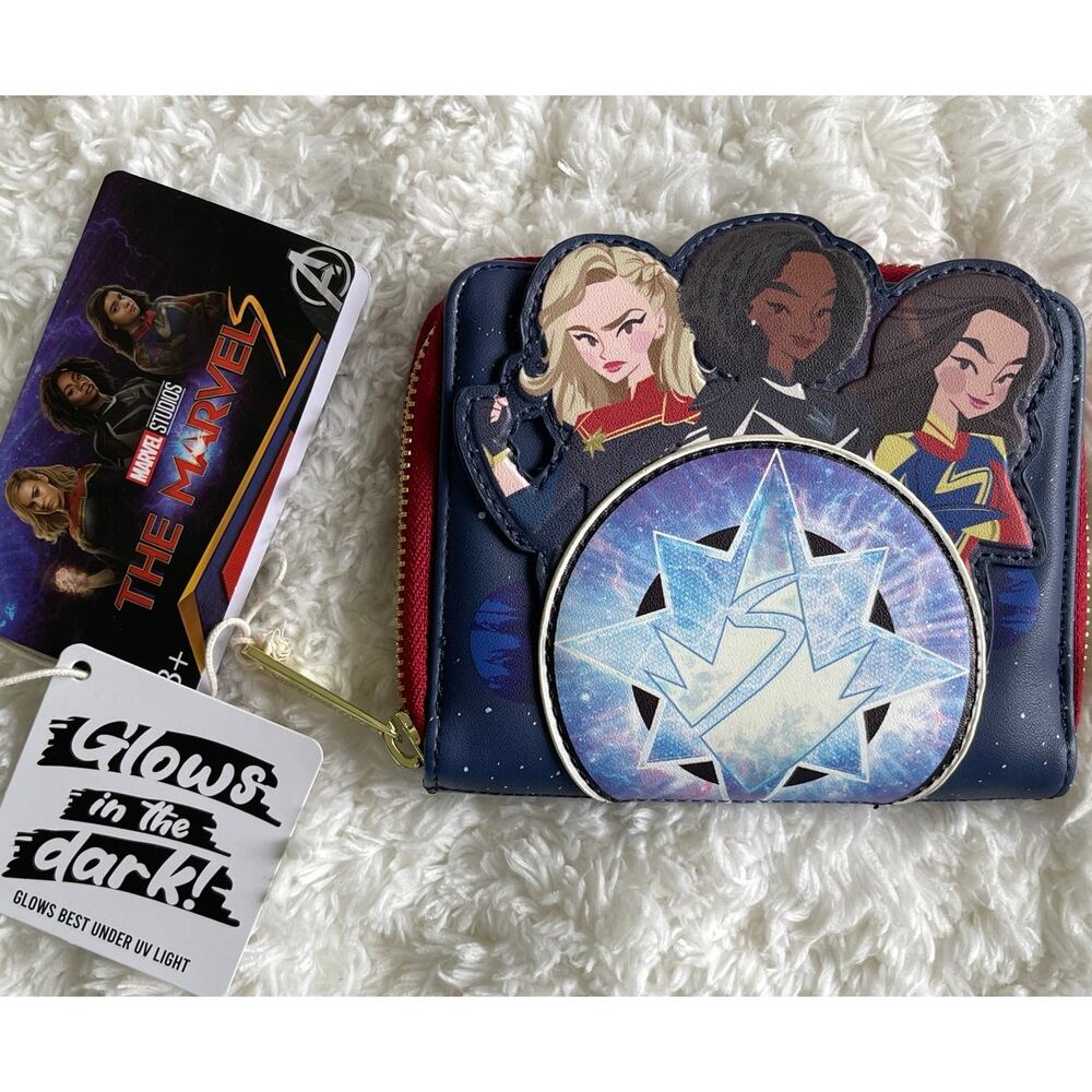 Loungefly Marvel The Marvel's Group Glow In the Dark Zip Around Wallet NEW Blue